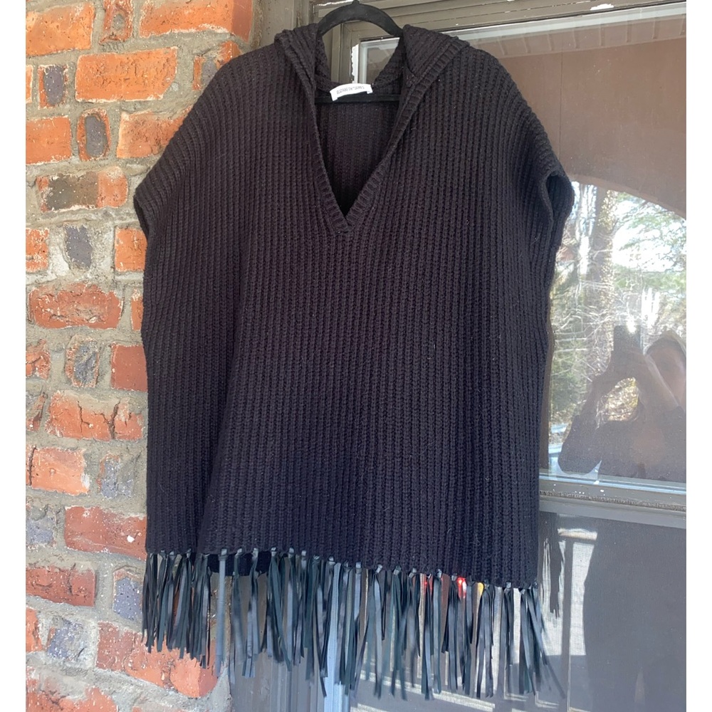 Elizabeth and James Black Leather Fringed Poncho Sweater S/M
